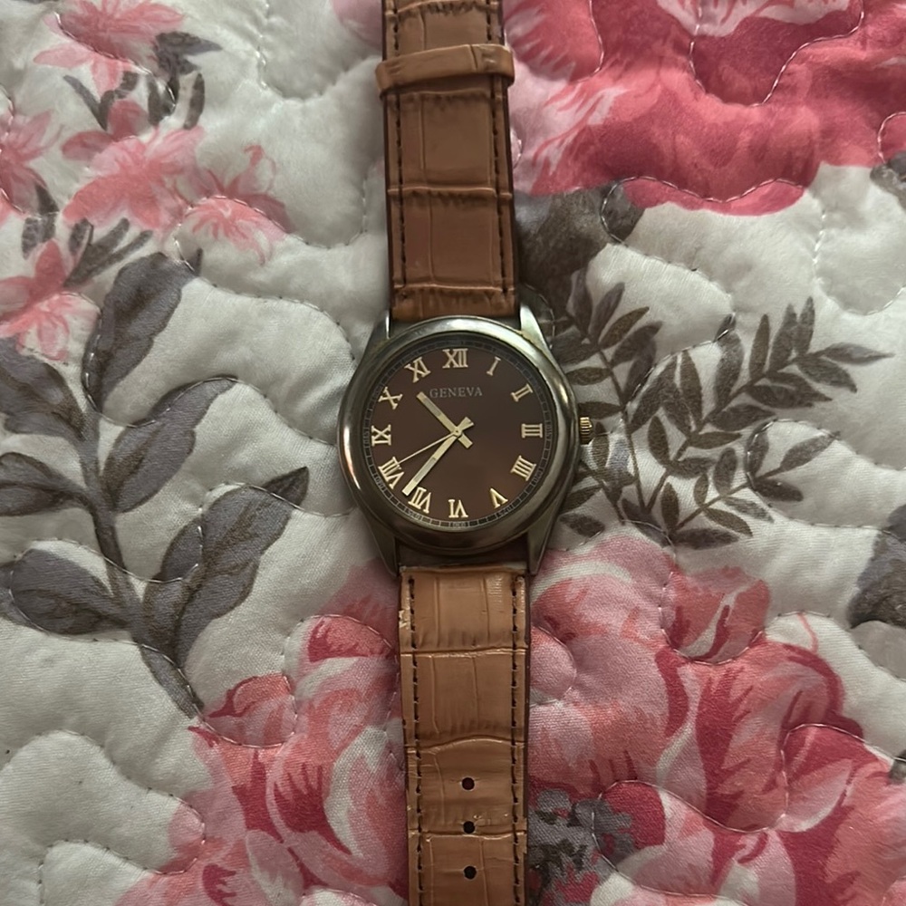 Geneva Watch with Brown Strap and Gold Accents